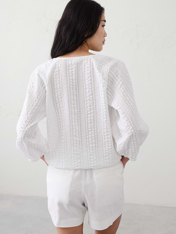 Blouson-Sleeve Buttoned Cloud Check Top