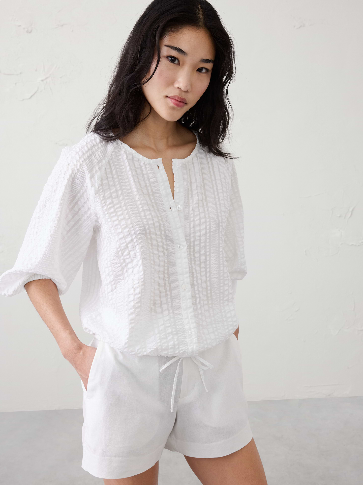 Image number 3 showing, Blouson-Sleeve Buttoned Cloud Check Top