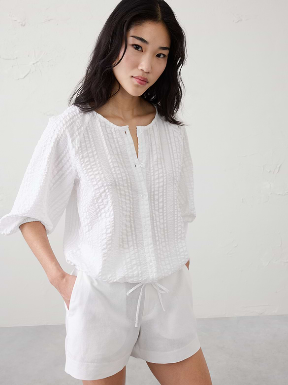 Blouson-Sleeve Buttoned Cloud Check Top