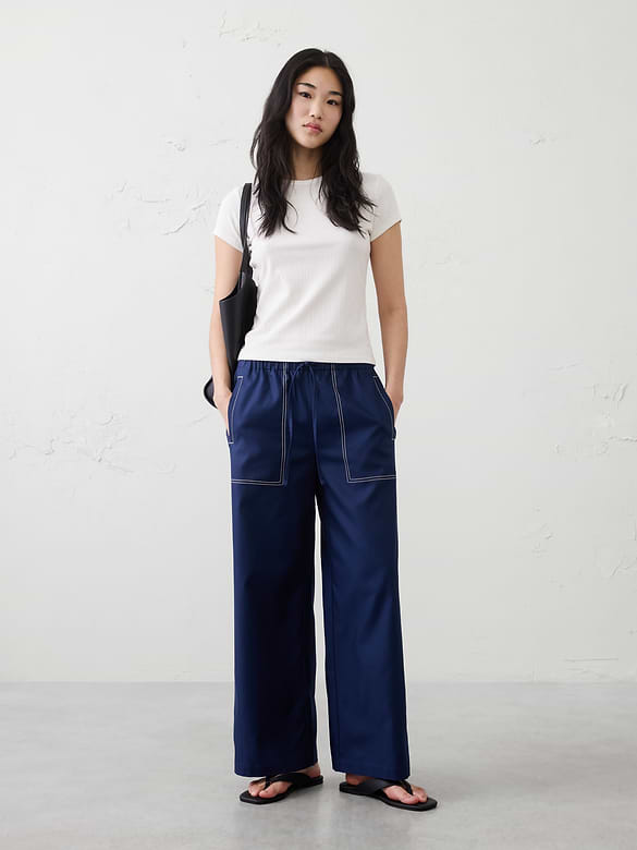 Wide-Leg Mid-Rise Twill Pull-On Utility Pant