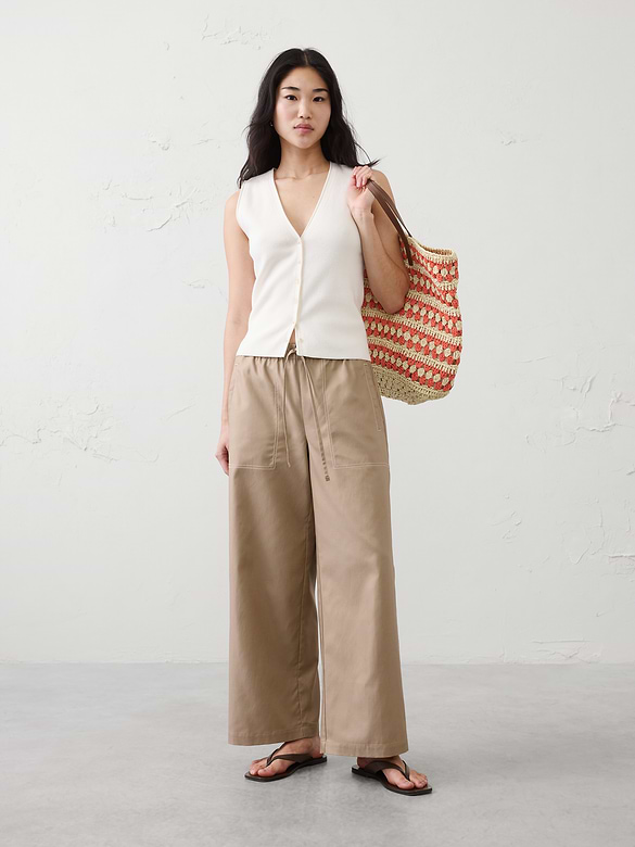 Wide-Leg Mid-Rise Twill Pull-On Utility Pant
