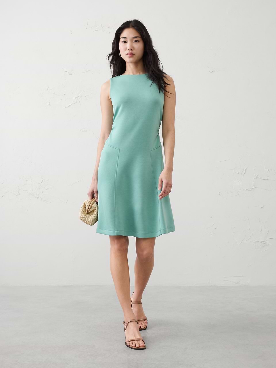 sleeveless fit and flare dresses knee length Soft Touch Shirred-Waist Knee-Length Dress beige