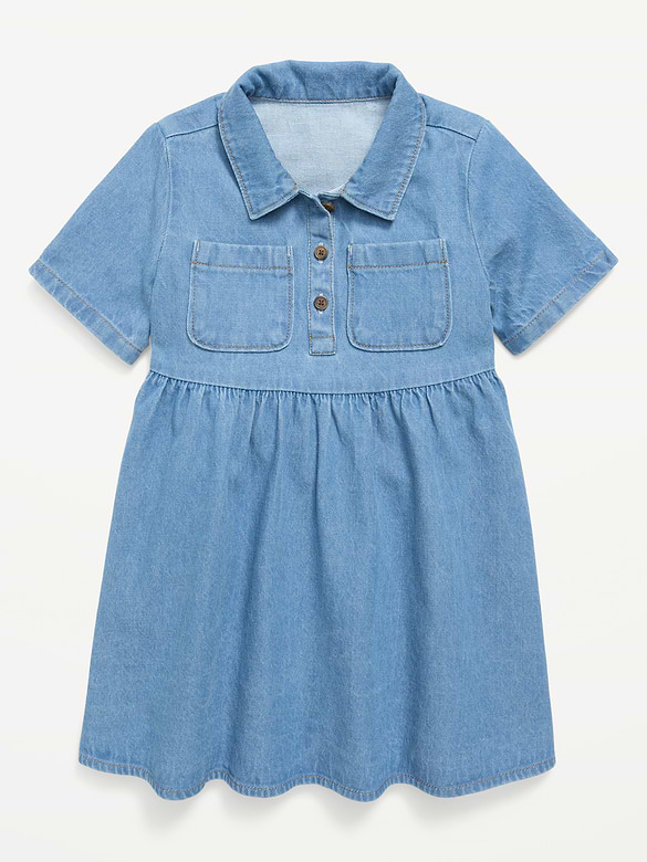 Short-Sleeve Denim Shirt Dress for Toddler Girls