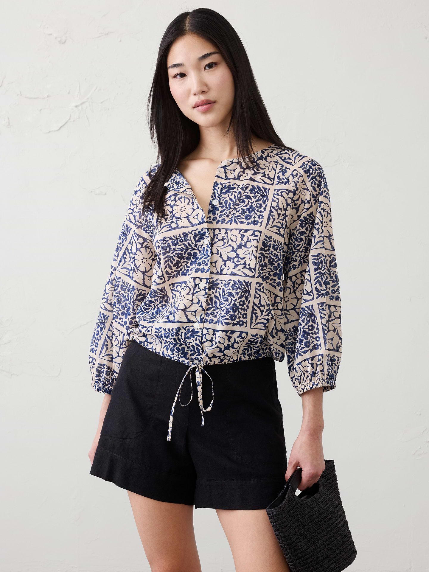 Image number 1 showing, Voile Blouson-Sleeve Drawstring-Hem Top