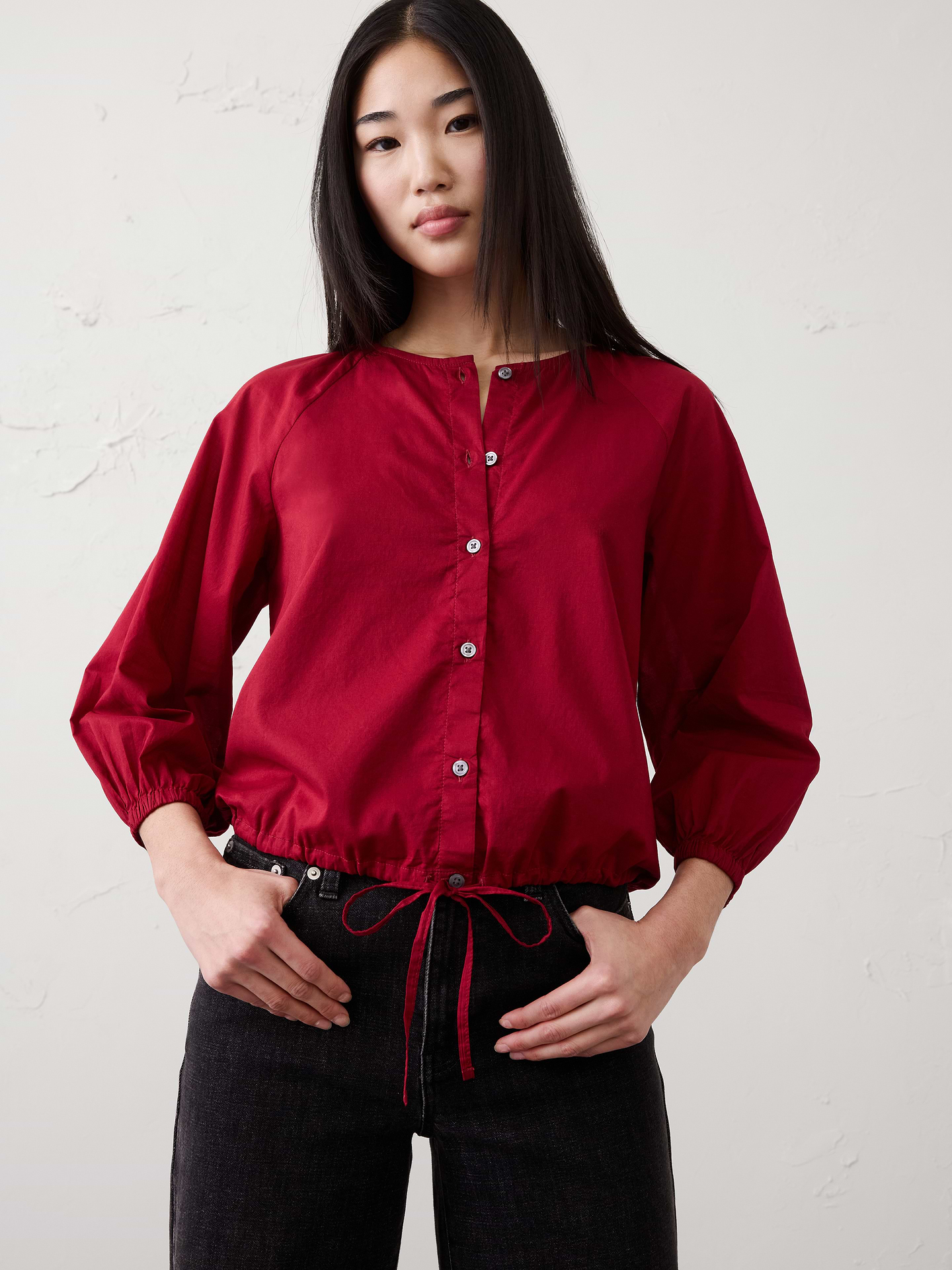 Image number 3 showing, Voile Blouson-Sleeve Drawstring-Hem Top