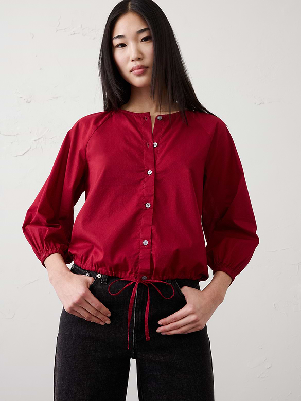 Voile Blouson-Sleeve Drawstring-Hem Top