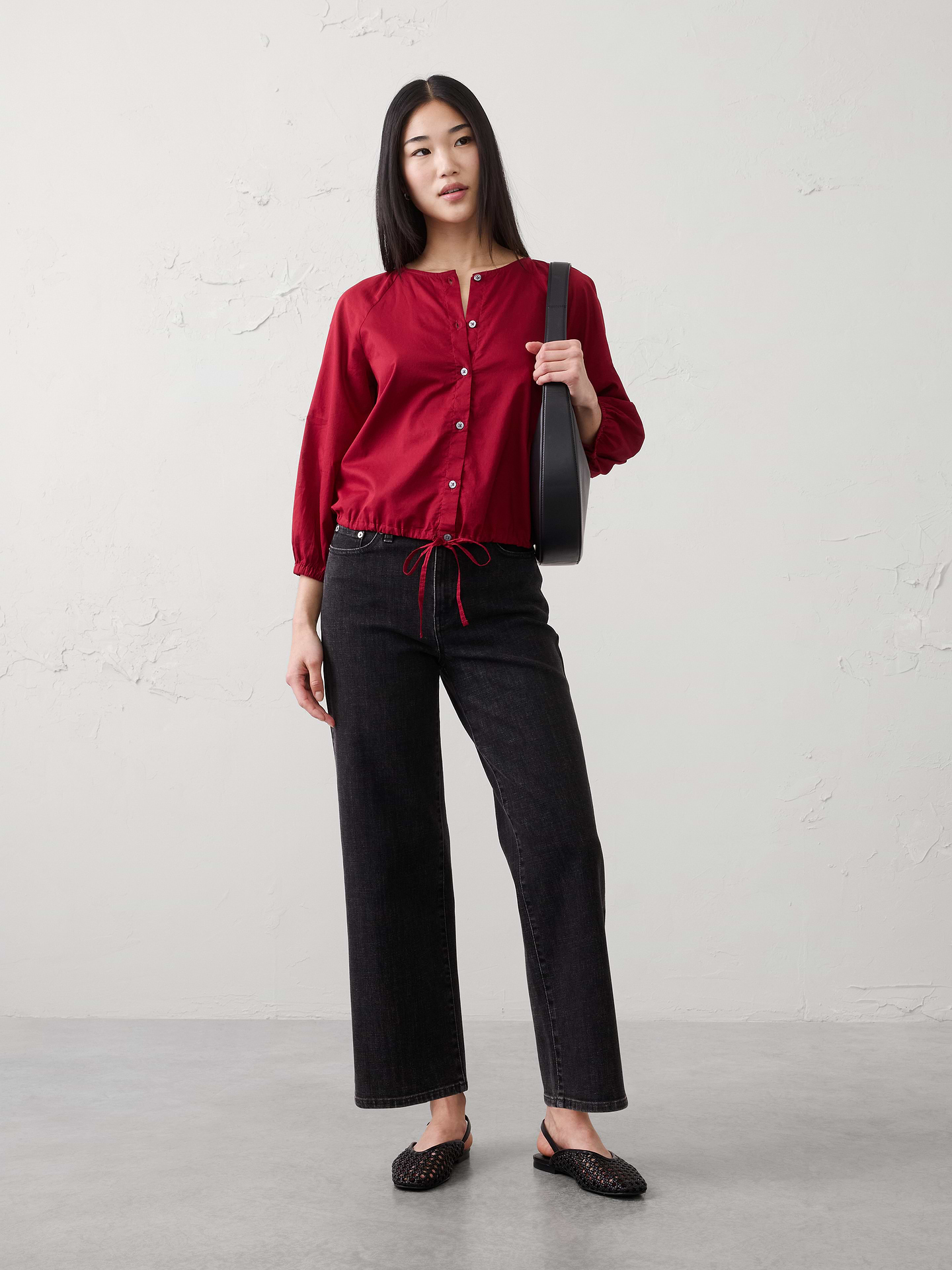 Image number 1 showing, Voile Blouson-Sleeve Drawstring-Hem Top