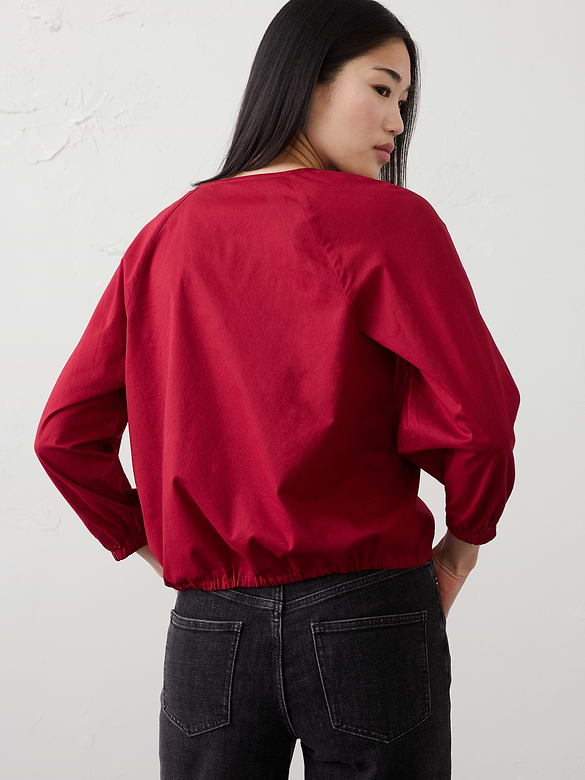 Voile Blouson-Sleeve Drawstring-Hem Top
