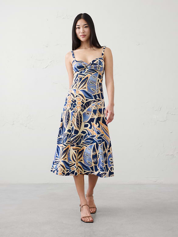 Linen-Blend Strappy Twist-Front Midi Dress