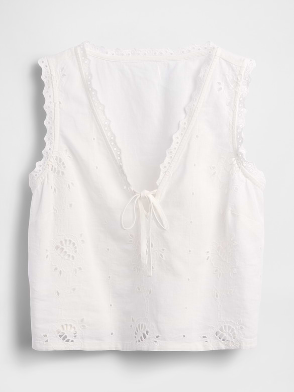 Linen-Blend Embroidered Crop Shell Tank Top