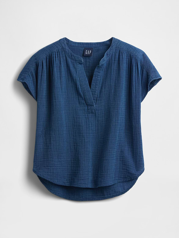 Cotton Gauze Denim Oversized Split-Neck Top