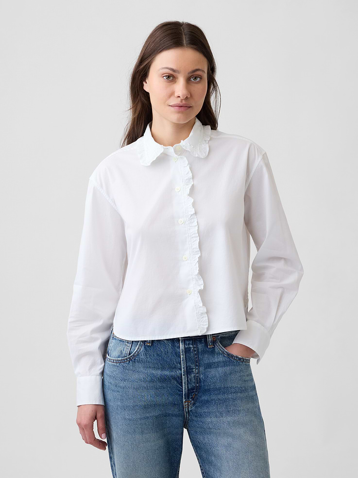 Image 1 of 5, Smooth poplin weave., Dropped shoulder, long sleeves with button cuffs., Ruffle trim at spread collar and button front., This product was made in a factory that invests in gender equity and women’s empowerment through RISE. Learn more at, Product #1177750