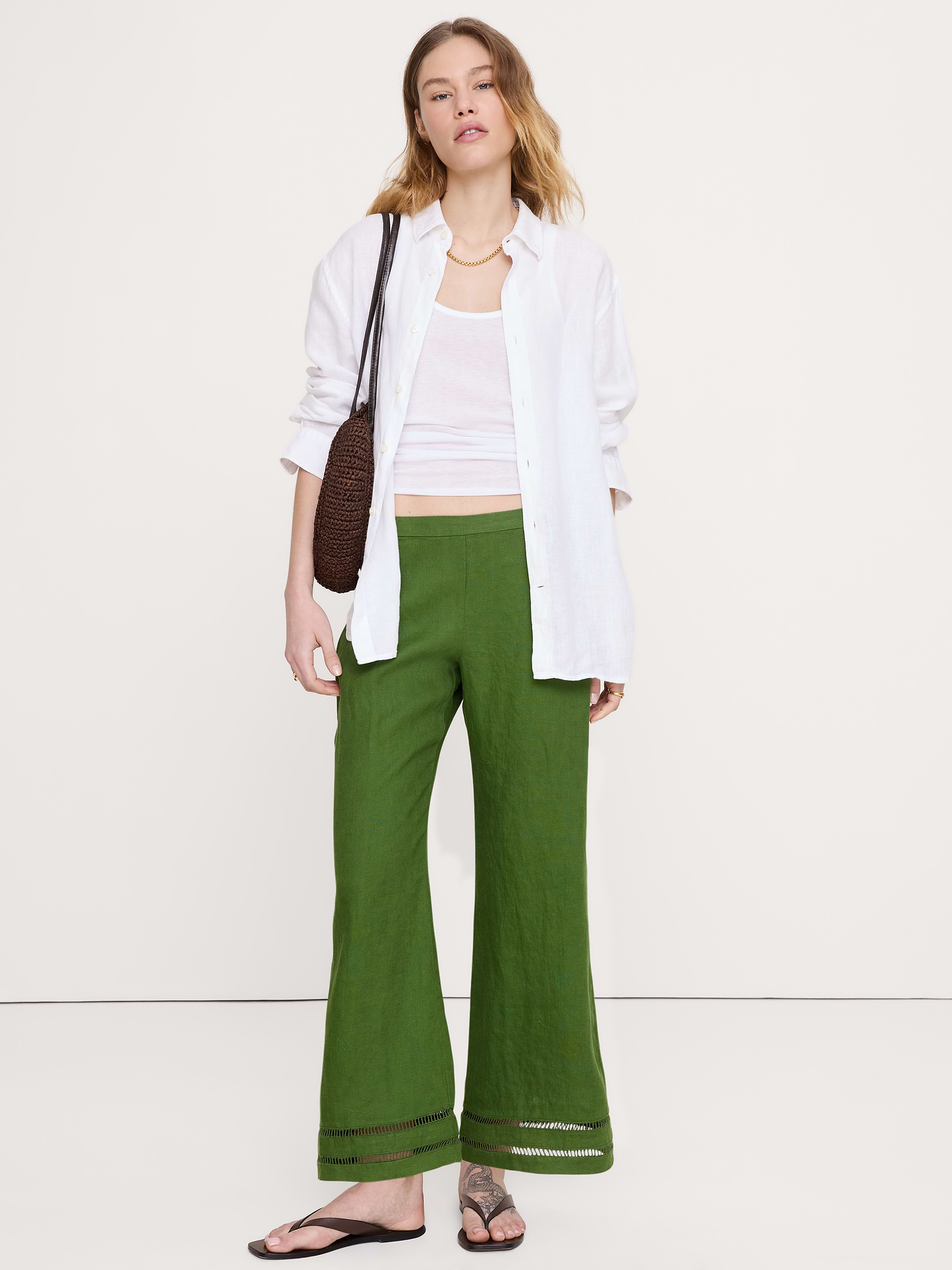 Image number 1 showing, Mid-Rise Kick-Flare Linen Ankle Pant