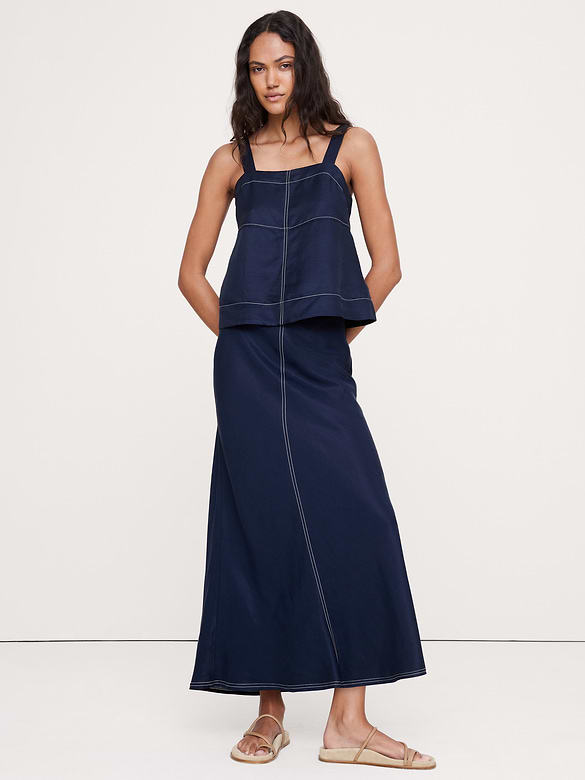 Jupe longue en lin et viscose taillée en biais