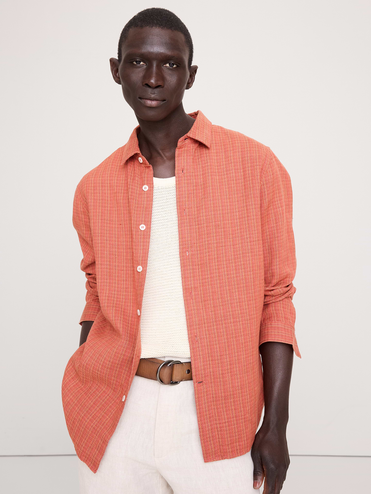 Image number 1 showing, Standard-Fit Textured Linen-Cotton Shirt