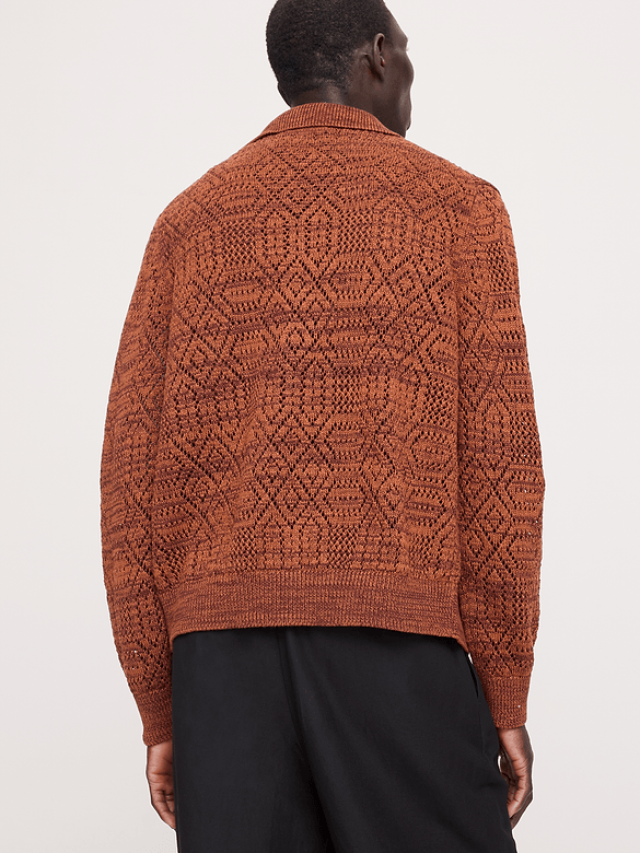 Linen-Cotton Textured Polo Cardigan