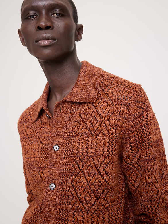 Linen-Cotton Textured Polo Cardigan