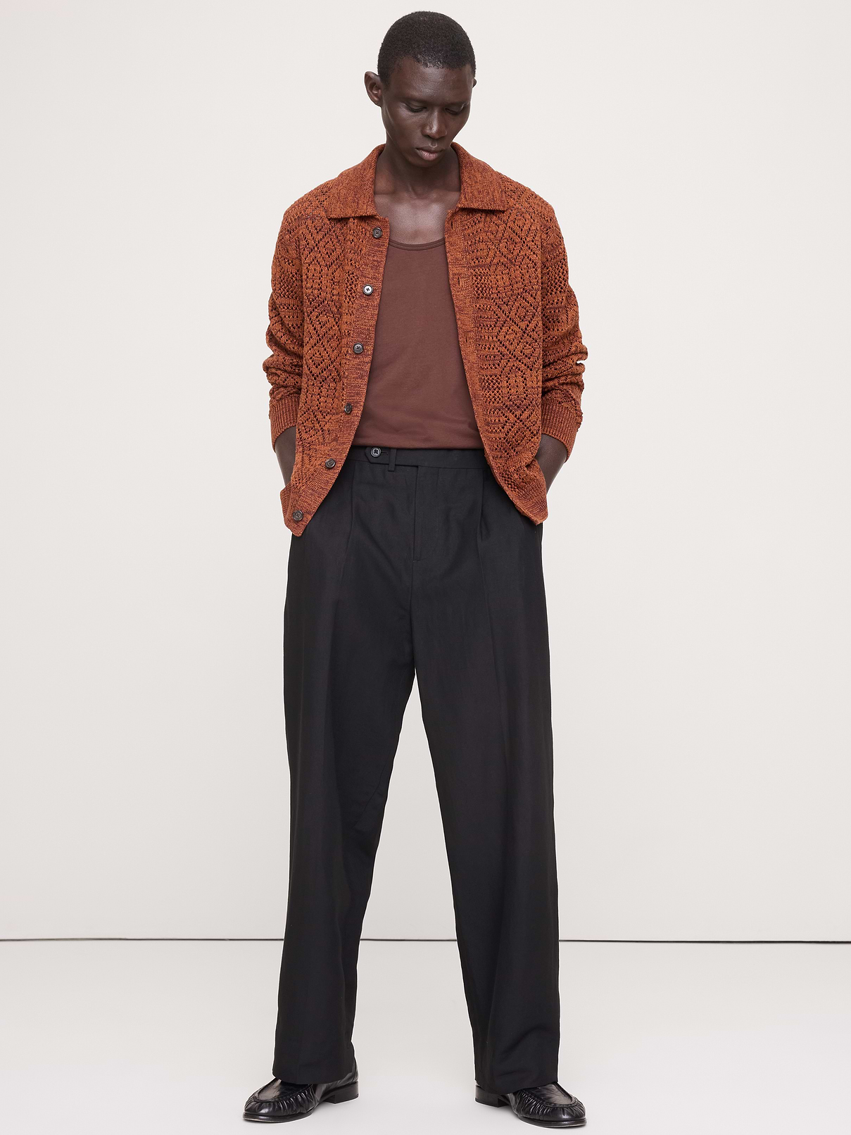 Linen-Cotton Textured Polo Cardigan