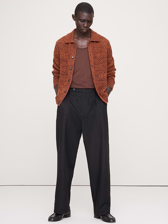 Linen-Cotton Textured Polo Cardigan