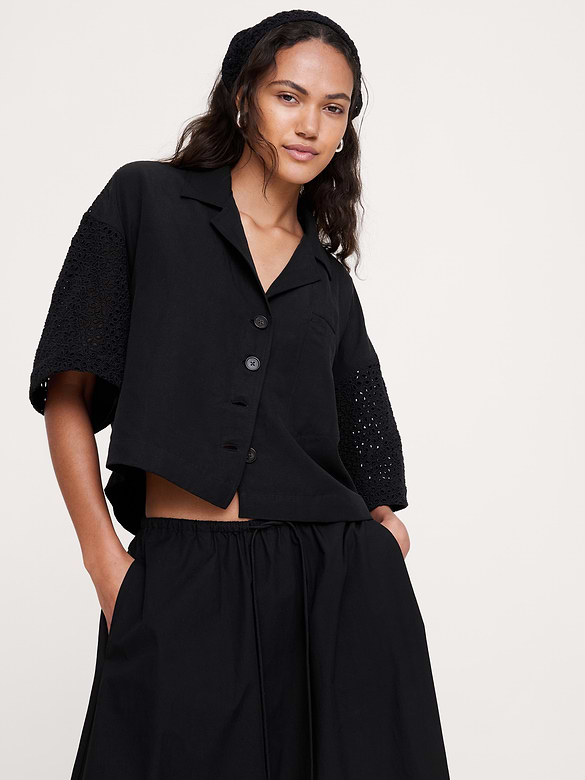 Chemisier droit longueur 3/4 à broderie anglaise en lin Tencel™