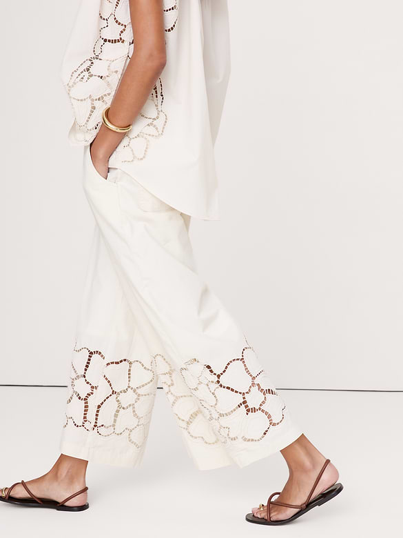 The Pull-On Wide-Leg Ankle Pant in Embroidered Poplin