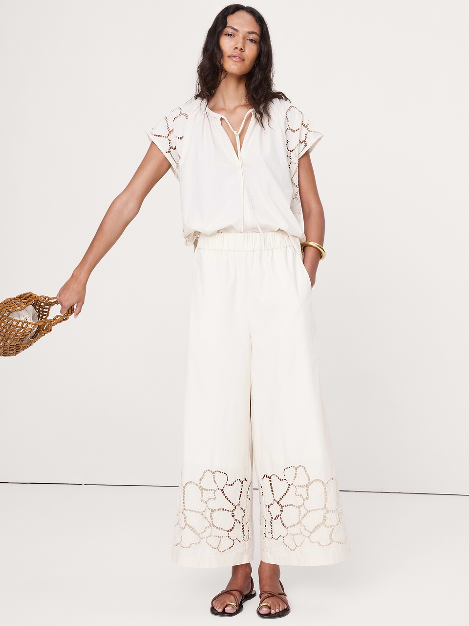 Banana Republic The Pull-On Wide-Leg Ankle Pant in Embroidered Poplin