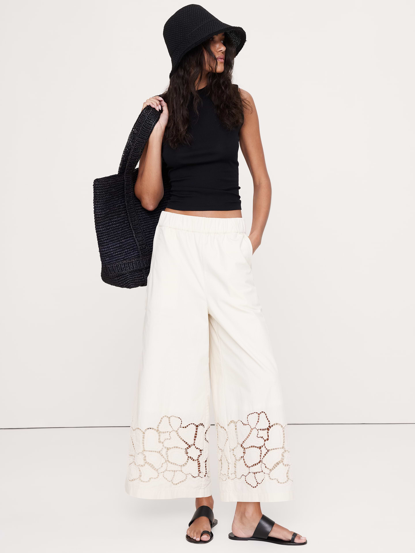 Image number 6 showing, The Pull-On Wide-Leg Ankle Pant in Embroidered Poplin