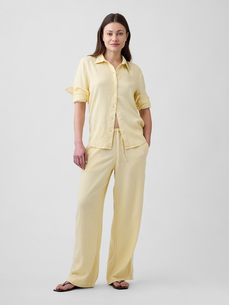 Image 1 of 5, Featuring '90s-inspired trackpant stripes., Smooth linen blend., Drawcord ties at elasticized waist., Front slant pockets., Stripes at sides., This product was made in a factory that invests in gender equity and women’s empowerment through RISE. Learn more at, Product #1175337