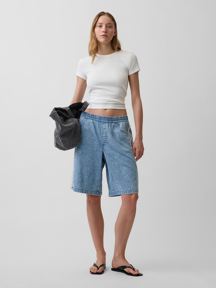 Image number 1 showing, 11" Mid Rise UltraSoft Easy Stripe Longline Denim Shorts