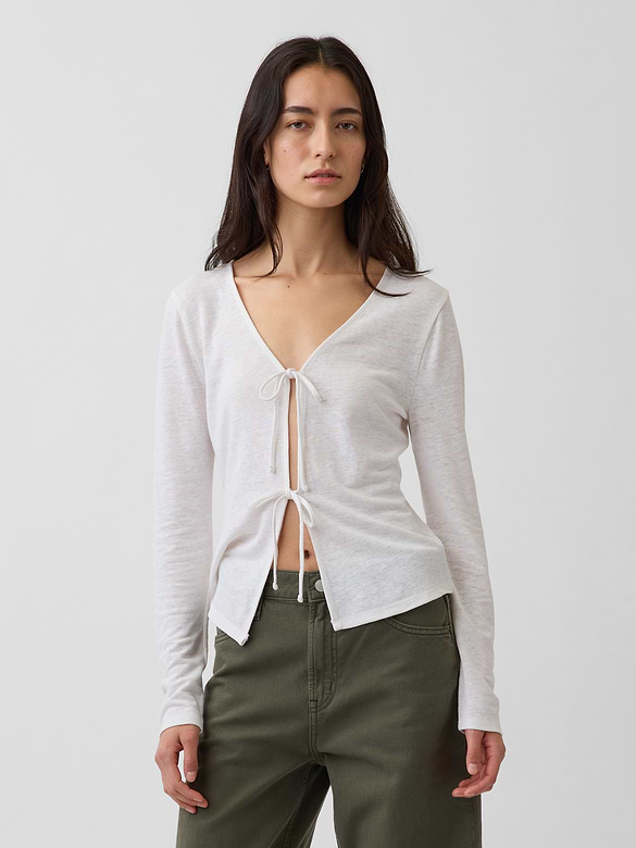 Linen-Blend Tie-Front Cardigan