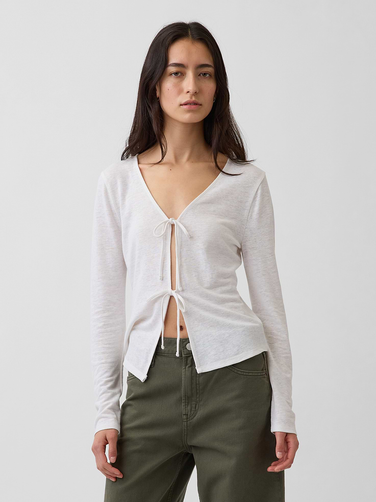 Image number 1 showing, Linen-Blend Tie-Front Cardigan