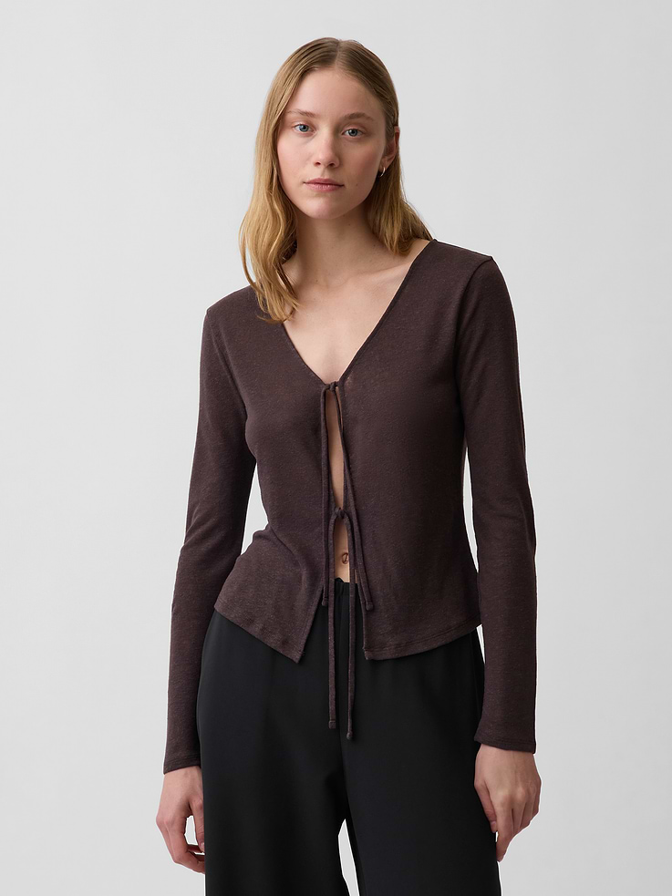Image number 1 showing, Linen-Blend Tie-Front Cardigan