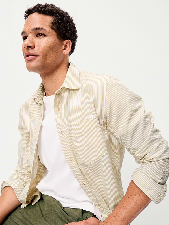 Long-Sleeve Seersucker Striped Pocket Shirt