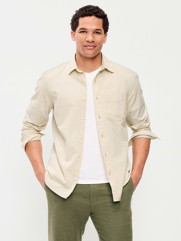 Long-Sleeve Seersucker Striped Pocket Shirt