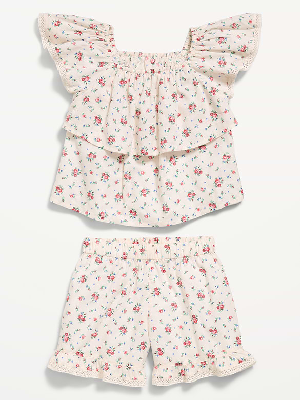 Printed Short-Sleeve Ruffled Top and Shorts Set for Toddler Girls