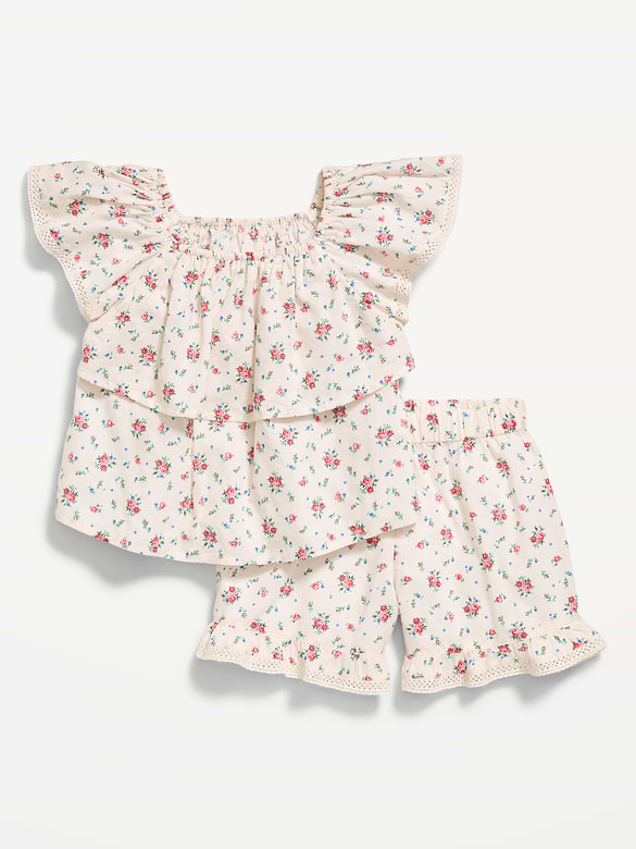 Printed Short-Sleeve Ruffled Top and Shorts Set for Toddler Girls