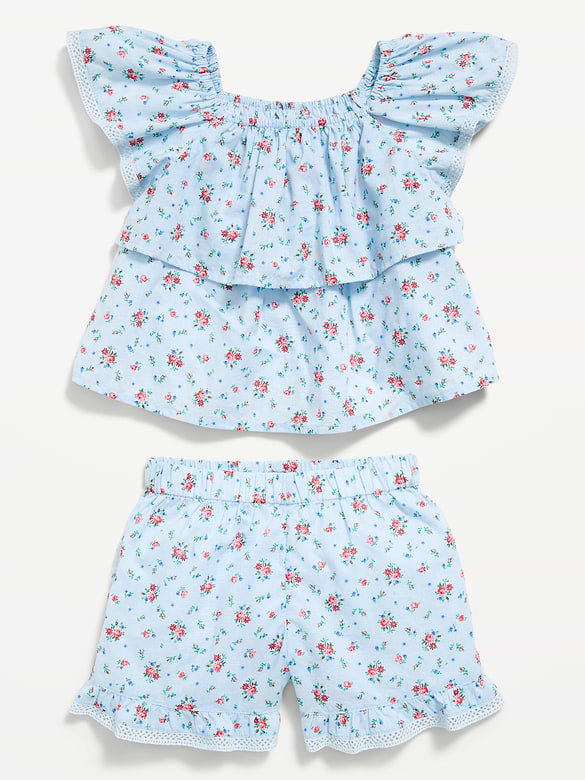 Printed Short-Sleeve Ruffled Top and Shorts Set for Toddler Girls
