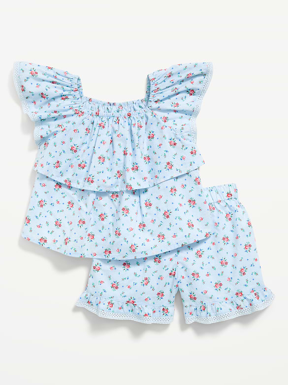 Printed Short-Sleeve Ruffled Top and Shorts Set for Toddler Girls