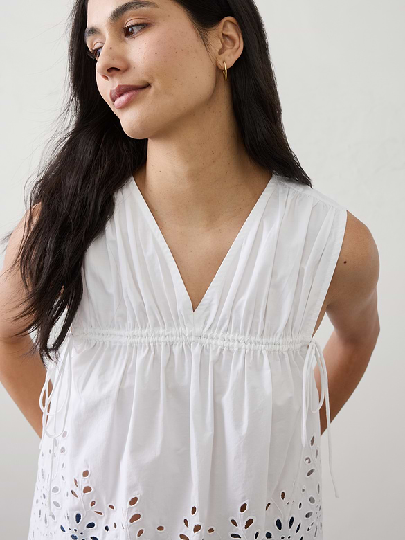 Poplin Cinched-Ties Eyelet Top