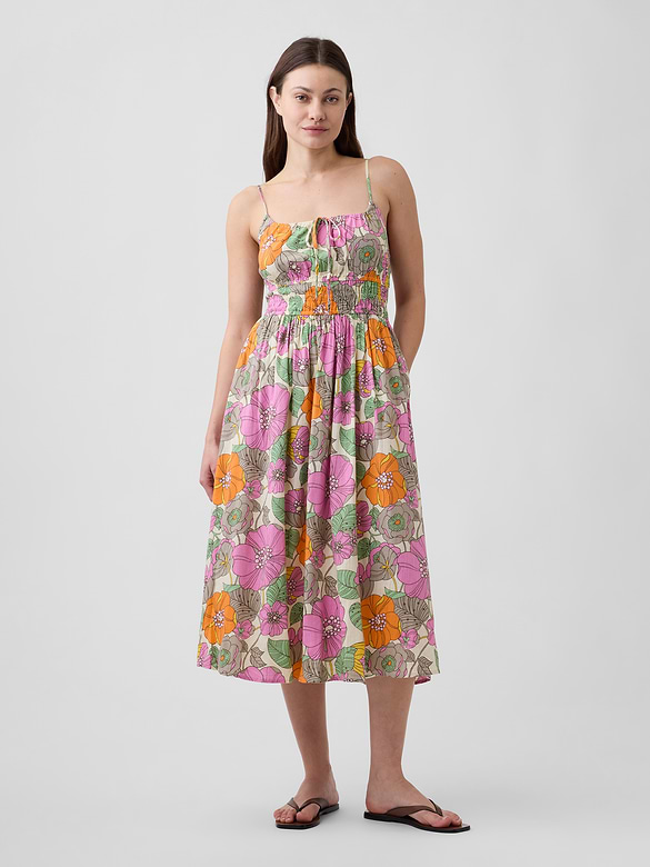 Smocked Tie-Front Midi Dress