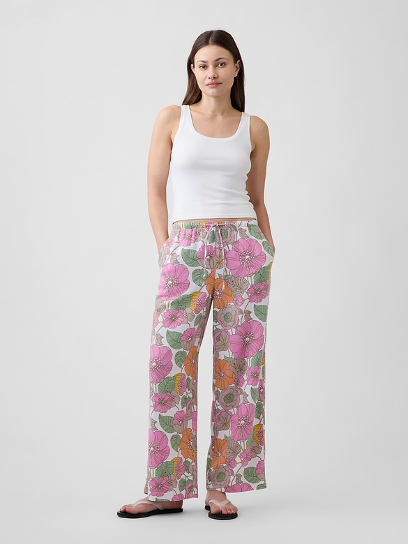 Mid Rise Pull-On Wide-Leg Linen-Blend Pants