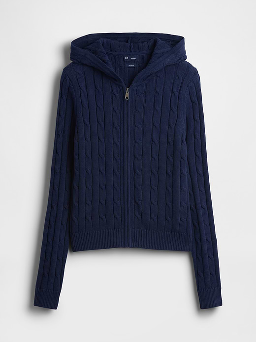 Women's fisherman sweaters: Gap Cotton Cable-Knit Hooded Zip Cardigan in Military Blue