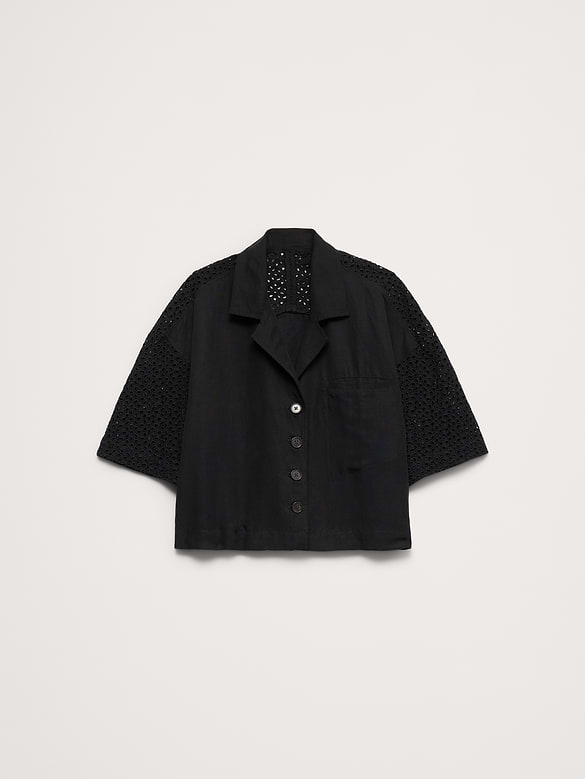 Chemisier droit longueur 3/4 à broderie anglaise en lin Tencel™