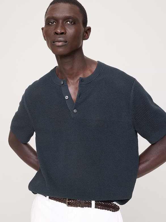 Cotton-Silk Short-Sleeve Henley Sweater