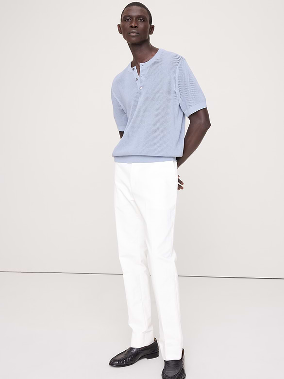 Cotton-Silk Short-Sleeve Henley Sweater