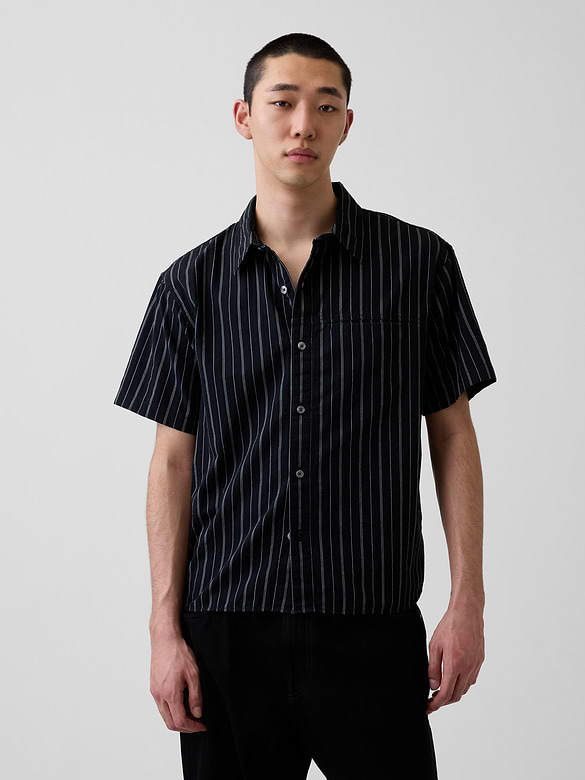 Seersucker Stripe Relaxed Curved-Hem Shirt