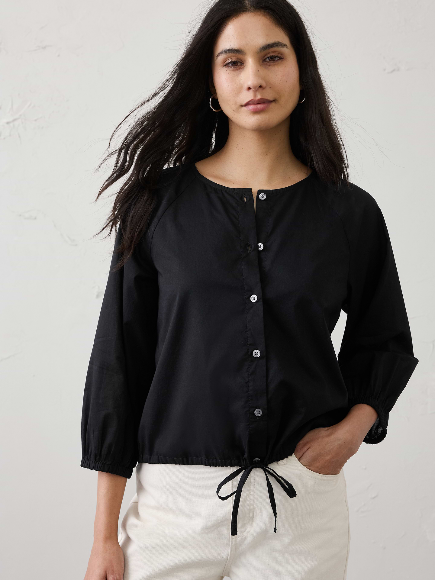 Image number 1 showing, Voile Blouson-Sleeve Drawstring-Hem Top