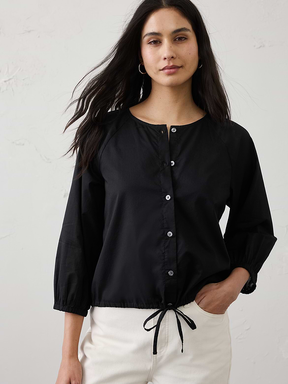 Voile Blouson-Sleeve Drawstring-Hem Top