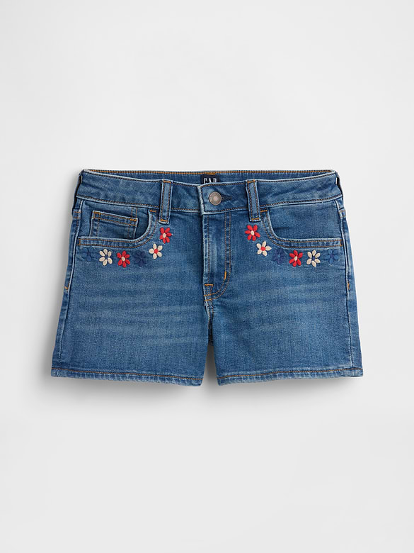 Kids High Rise Embroidered Denim Shorts