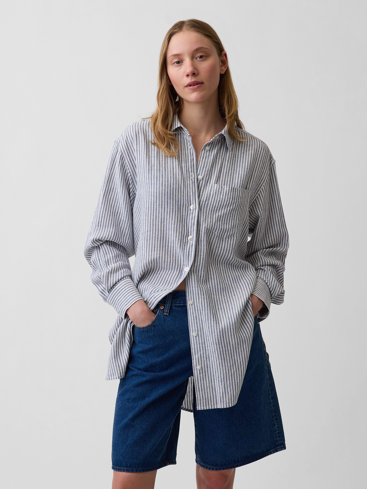 Linen-Blend Oversized Tunic Shirt